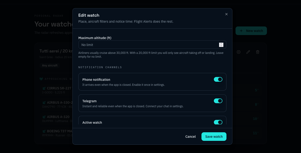 Watch form bottom with maximum altitude and the notification channel switches