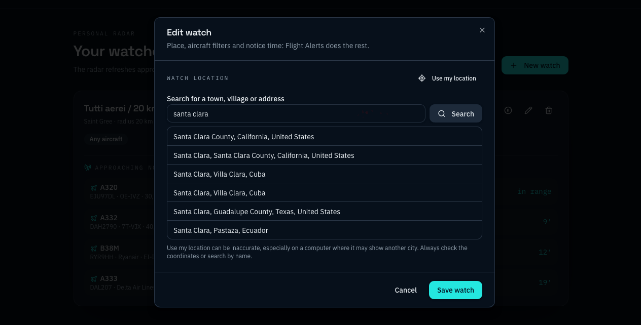 Watch form with the place search showing results while typing a town name