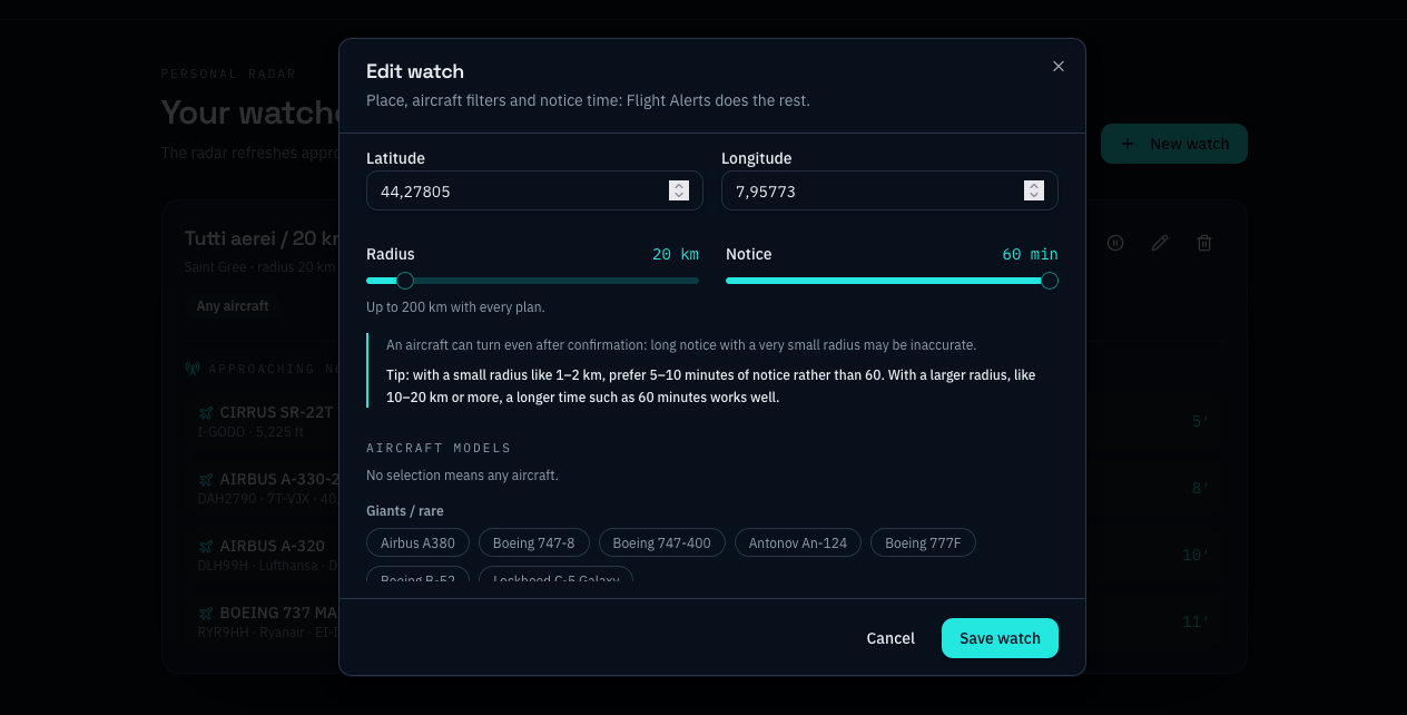 Watch form with radius, notice time and aircraft model filters